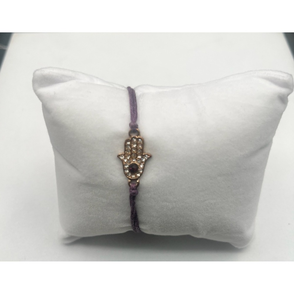 Vintage Hamsa Hand‎ Charm Bracelet Gold Tone Rhinestones Purple Cord Macrame